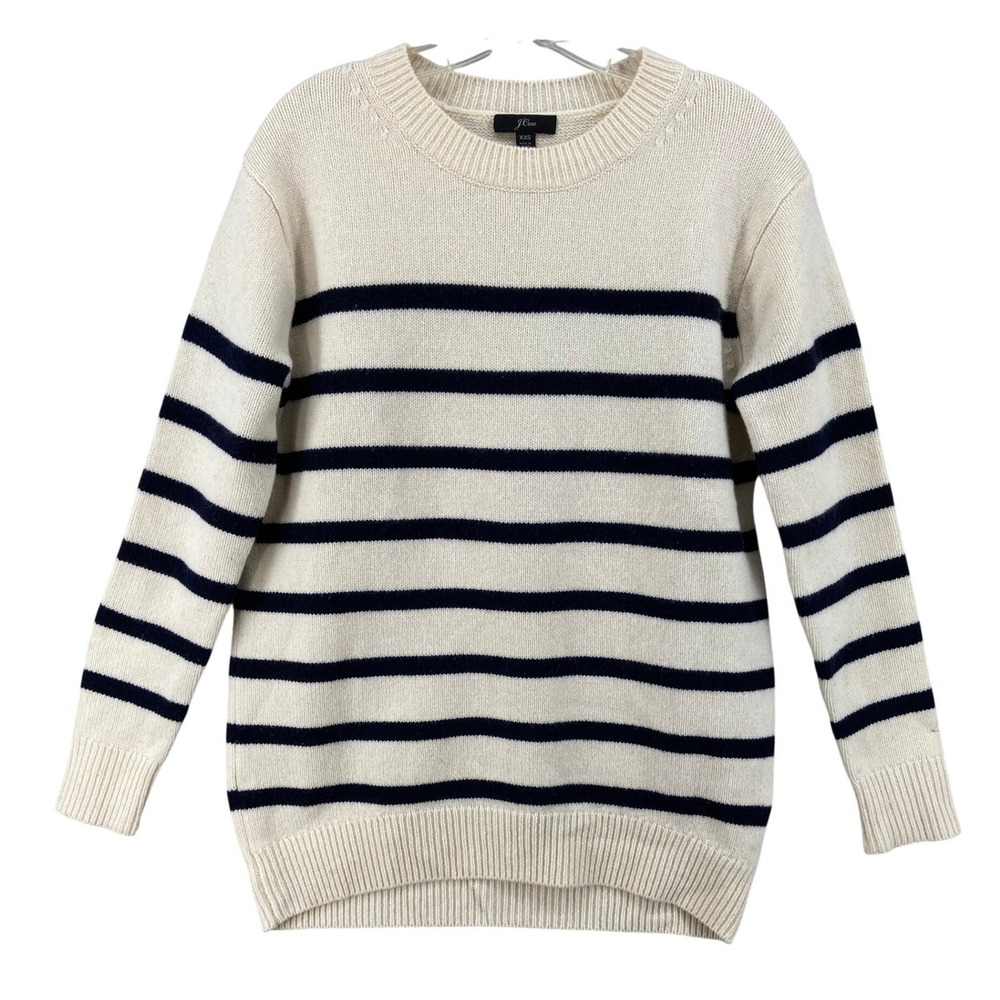 J Crew Sweater Womens XXS Cream Navy Stripe‎ Merino Wool Crewneck Pullover